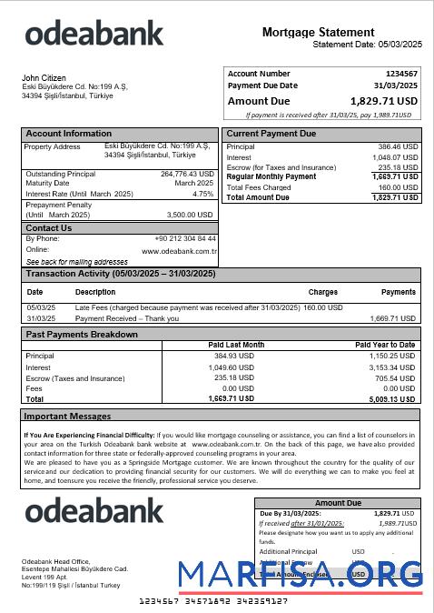 Downloadable Turkish Odeabank bank mortgage statement in Word and PDF formats real example